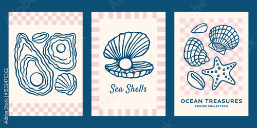 Ocean shells underwater vector posters set. Minimalist retro sea print designs with outline seashells illustrations