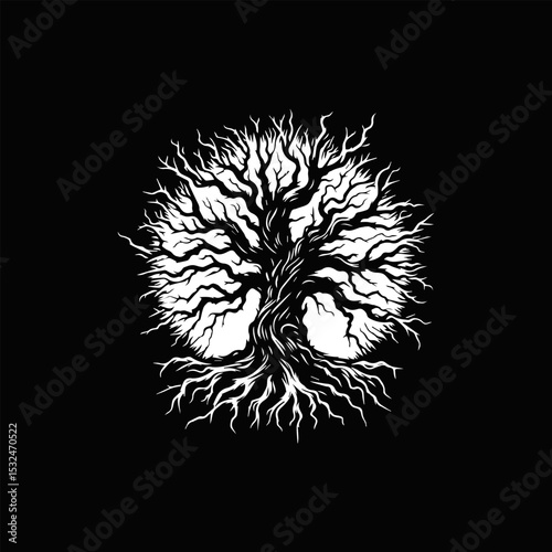 Dramatic white silhouette of a gnarled old tree with sprawling roots against a dark background. Nature concept