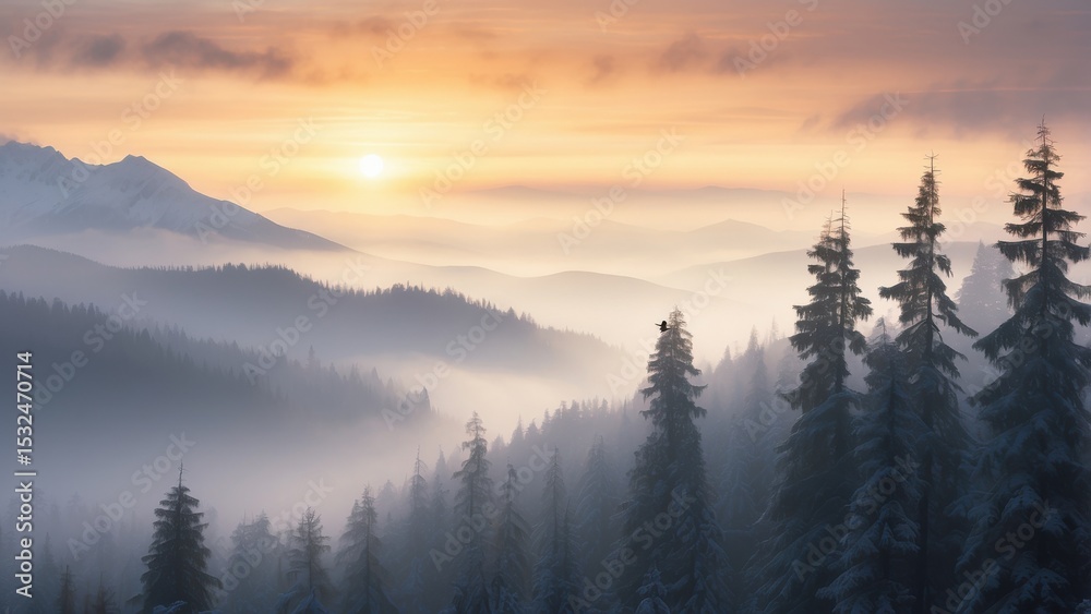 Obraz premium Majestic Mountain Range with the Fog during Sunrise in Forest