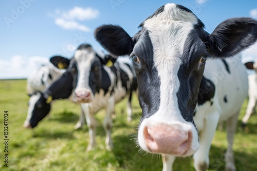 Dairy cows grazing on pasture under blue sky, sustainable livestock farming