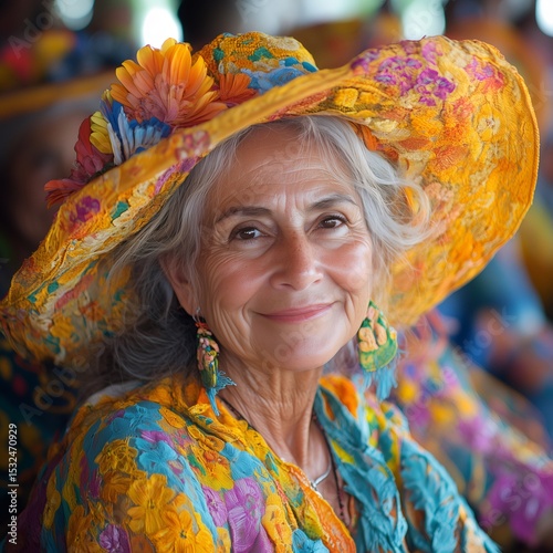 Smiling senior woman wearing colorful floral hat and dress