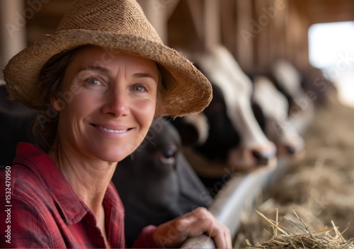 Farmer woman smiling and taking care of cows in a barn