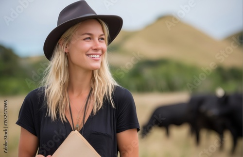 Farmer smiling and holding a notebook in a pasture with grazing cattle