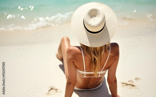 Summer holiday fashion concept - tanning woman wearing sun hat at the beach on a white sand shot from above. High quality