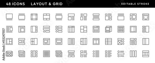 Layout icon collection. Grid icon set. Interface icons, sidebar, layout, grid system, toolbar, wireframe, alignment guide, configuration and more. Editable stroke. Pixel Perfect. Grid base 32 x 32.