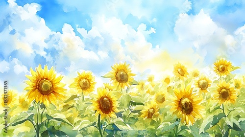 Watercolor field of sunflowers under a bright summer sky