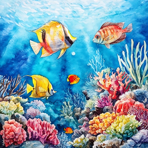 Watercolor ocean reef with colorful fish and coral textures