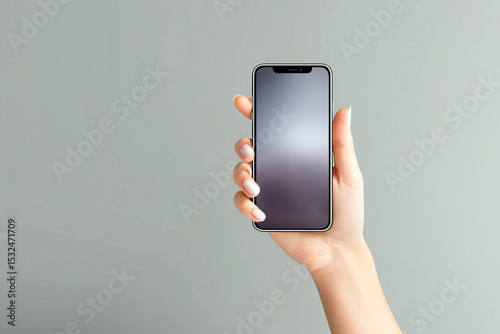 Female hand holding modern smartphone with blank screen on soft neutral background