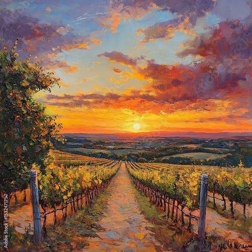 Fototapeta Naklejka Na Ścianę i Meble -  Oil painting of a sunset over a vineyard in summer