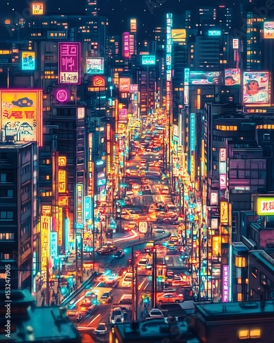 Crayon-style cityscape with glowing neon lights and bustling streets at night