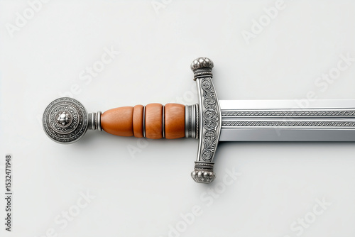 Decorative medieval sword with ornate silver guard and wooden hilt on light background