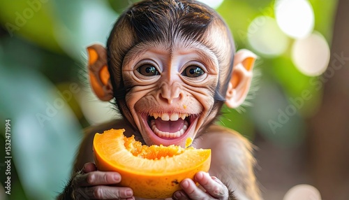Playful Baby Monkey Enjoying a Fresh Slice of Fruit