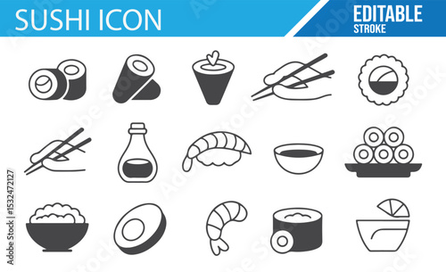 Line icons featuring sushi and Japanese food for restaurant menus