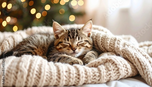 Sleepy Kitten Smiling on Cozy Blanket Amid Soft Lights