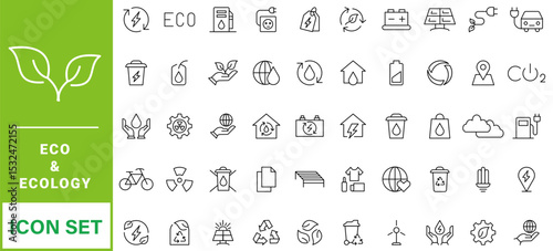 cology icon set. Environment, sustainability, nature, recycle, renewable energy; electric bike, eco-friendly, forest, wind power, green symbol. Solid icons vector collection.