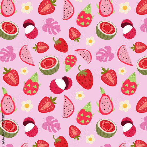 Vector seamless pattern with cute fresh exotic fruits. Tropical summer food background for textiles, packaging, wallpapers, postcards, covers. Papaya, lychee, watermelon, passion fruit, strawberry