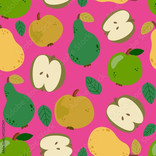 Juicy fruits cute vector seamless pattern on a pink background. Green apple and yellow pear. Summer texture for prints, textile, fabrics and wallpaper