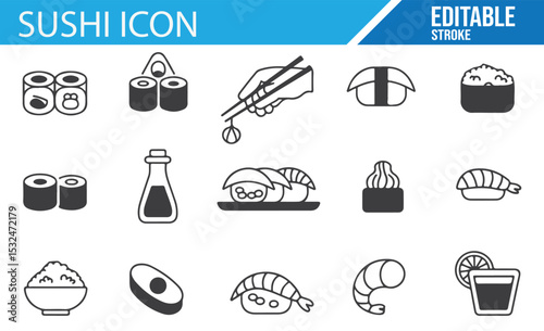 Sushi roll, soy sauce, and sushi chef icons for restaurant websites