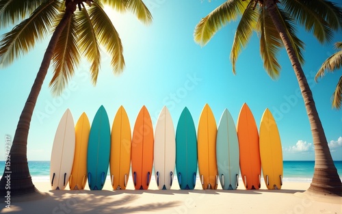 Many surfboards beside coconut trees at summer beach with sun light and blue sky background. High quality