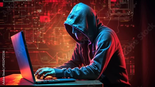 Hooded figure hacking on a laptop in a cybercrime scene with digital effects