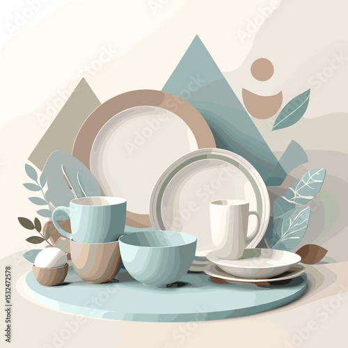 Modern ceramic dinnerware set arranged on a pastel background  