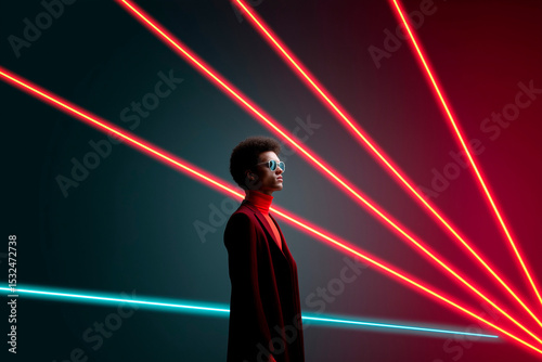 Stylish man in sunglasses and red outfit posing under neon laser lights in futuristic studio setup