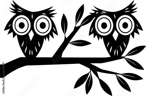 Two owls perched on tree branch black and white stylized birds with large eyes and simple leaves illustration