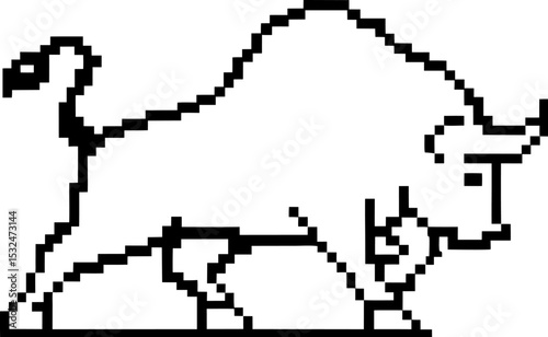Pixel bull silhouette, digital line art symbol of strength and finance minimalist animal graphic for retro gaming and icon concepts