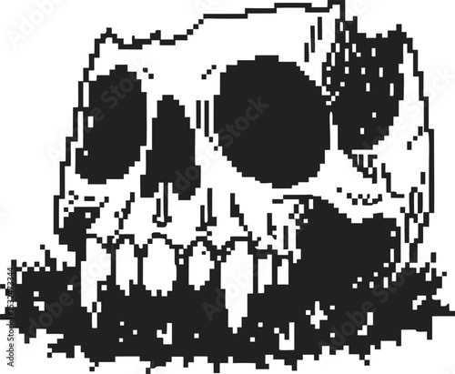 Pixel art skull illustration black and white retro design of human skull resting on grass vintage 8 bit gothic