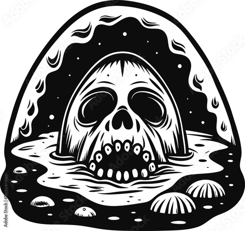 Human skull emerging from toxic sludge black and white illustration with environmental hazard warning, pollution, death, contaminated waste