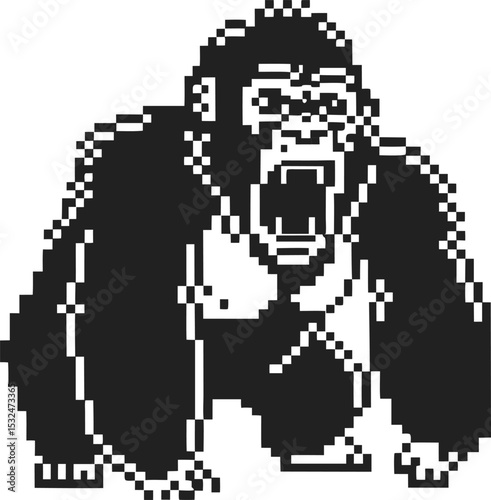 Pixel art gorilla roaring with open mouth, aggressive animal stance, retro 8 bit style, black and white graphic illustration