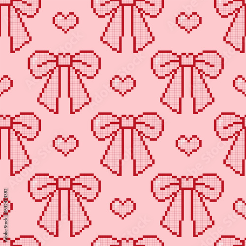 Cute seamless pattern with red pixel bows and hearts on a pink background. Perfect for packaging, backgrounds, digital design, and retro-style textiles.

