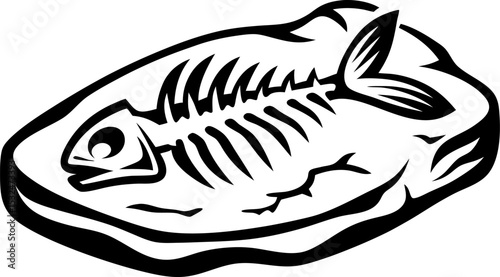 Fish skeleton on plate grilled seafood bones, simple black and white illustration, minimalist animal remains, culinary concept