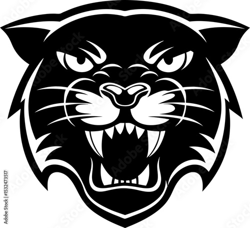 Roaring panther head silhouette fierce wild animal face, black and white design angry big cat mascot illustration