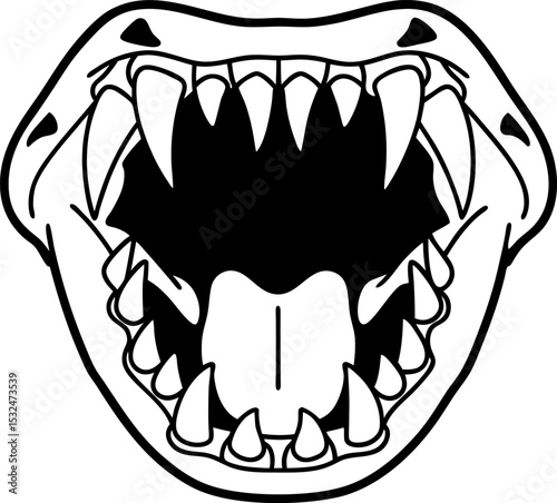 Open animal mouth with sharp exposed teeth and fangs aggressive wild predator jaw illustration, ferocity concept