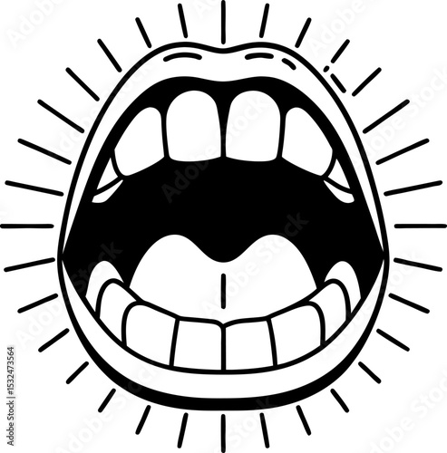 Open mouth shouting, wide screaming lips illustration loud voice, vocal expression, communication, speaking, noise concept