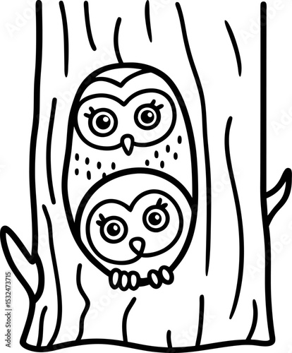 Two cute owls sitting in a hollow tree trunk, simple black and white line art, woodland animals illustration