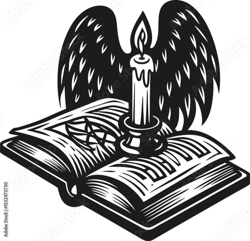 Mystical open book with candle, pentagram symbol, and dark wings magic, occult ritual, gothic fantasy illustration