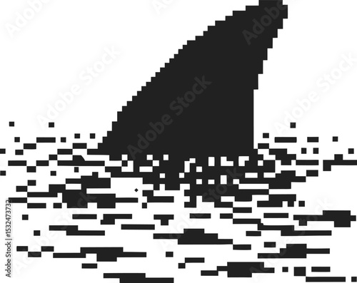 Pixelated shark fin emerging from water surface, retro digital icon, ocean danger, aquatic symbol, black and white graphic