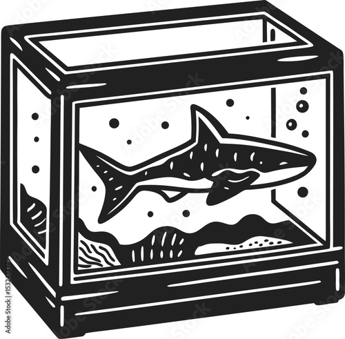 Shark swimming inside glass aquarium tank with water, bubbles, aquatic plants, and decorative stones in black woodcut illustration