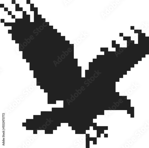 Pixelated black bird silhouette with wings spread, retro digital animal icon, isolated on white background