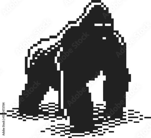 Pixel art gorilla illustration black and white retro wild animal, standing powerful pose, digital mosaic graphic design