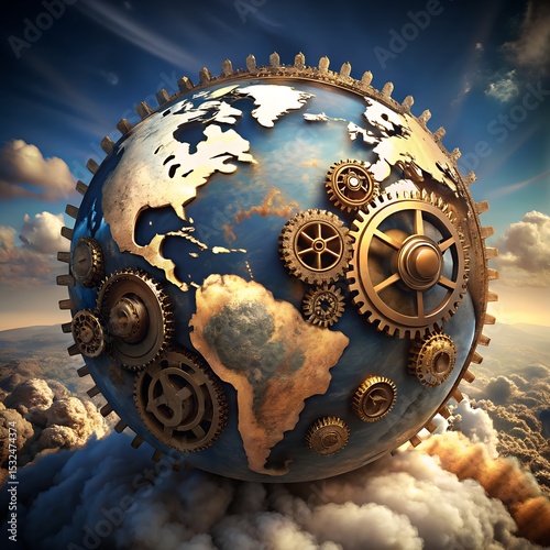 Steampunk 3D Earth gears brass textures steam clouds steampunk globe mechanical earth design

