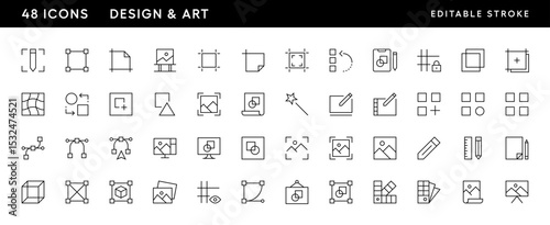 Design and art icon collection. Graphic design icon set. Color palette, work area, grid, shape, image, design tools and more. Editable stroke. Pixel Perfect. Grid base 32 x 32.