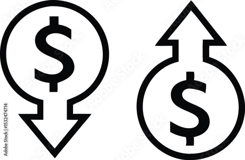 Dollar increase and dollar decrease symbol set. Vector illustration