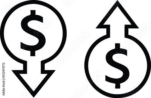 Dollar increase and dollar decrease symbol set. Vector illustration