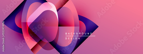 Abstract design features overlapping shapes, vibrant pinks, purples. Gradient colors create dynamic visual effect. Modern, stylish background.