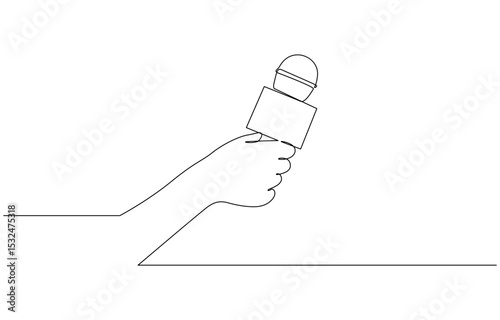 Hands holding news microphone in continuous one line drawing style. Journalist, reporter concept. Continuous one line drawing of hand holding news microphone. Editable line.