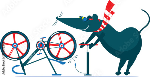 Cycling rat or mouse and a broken bicycle. 
Cartoon rat or mouse inflates the wheel of the bicycle. Sportsperson repairs the bicycle
