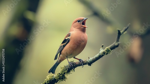 A small bird with brown and black feathers is perched on a mossy branch, singing with its beak open against a blurred green background.